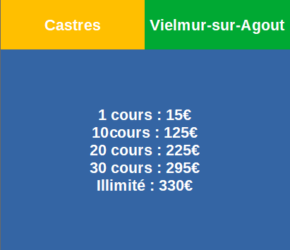 Tarifs des cours de Yoga à Castres et Vielmur-sur-agout, de 15€ à 330€ en illimité